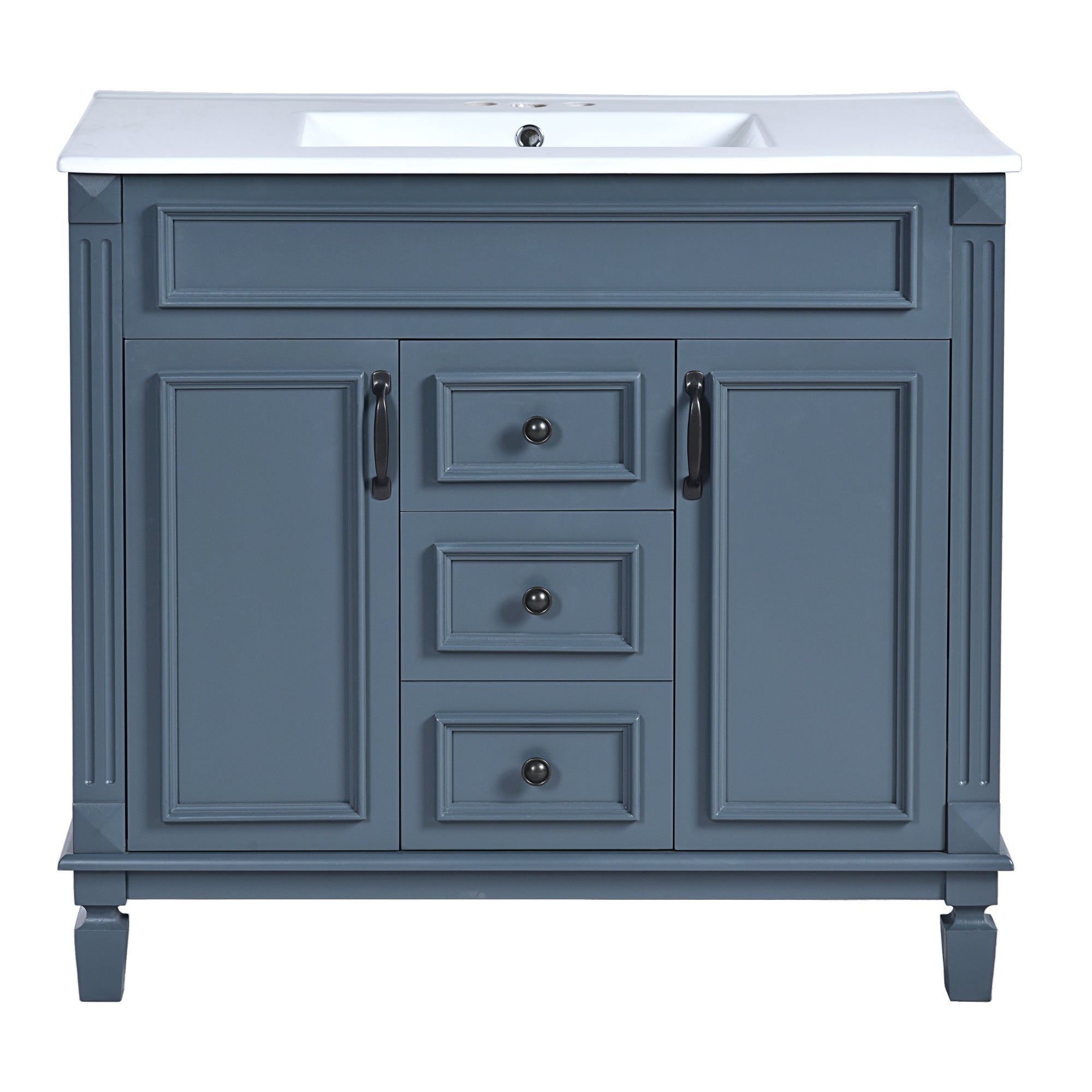 VanityFus 36-in Blue Bathroom Vanity Single Sink Combo with Ceramic Top Undermount 2 Soft Close Doors 2 Drawers Adjustable Shelves